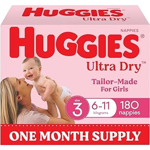 Huggies Ultra Dry Nappies Girls Size 3 (6-11kg) 180 Count - One Month Supply (Packaging May Vary) : Amazon.com.au: Baby