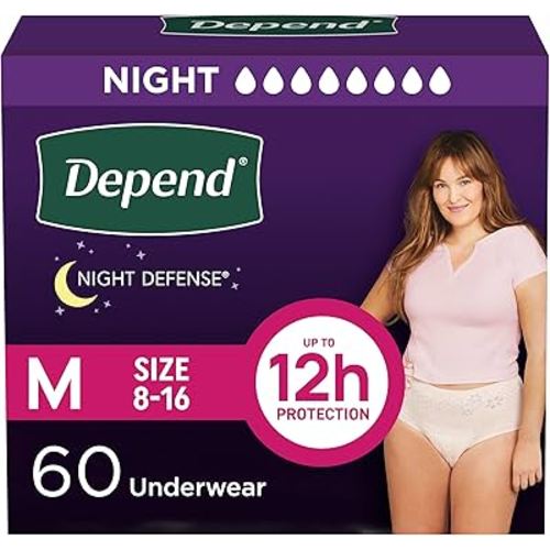 Depend Night Defense Adult Diapers, Incontinence & Postpartum Bladder Leak Underwear for Women, Disposable, Overnight, Medium, Blush, 60 Count (4 Packs of 15), Packaging May Vary