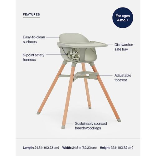Lalo The Chair Convertible 3-in-1 Wooden High Chair for Babies and Toddlers, Baby High Chair with Dishwasher Safe Tray, Adjustable Footrest & Machine Washable Cushion, Sage