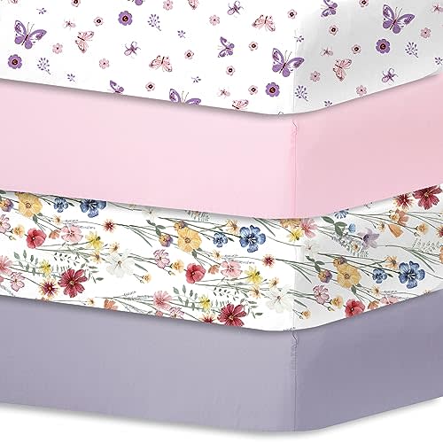 bimocosy Fitted Crib Sheets Girl Boy 4 Pack, Size 28"x 52" for Standard Crib and Toddler Mattresses, Super Soft Breathable Microfiber Baby Crib Mattress Sheet, Butterfly/Floral/Pink/Purple