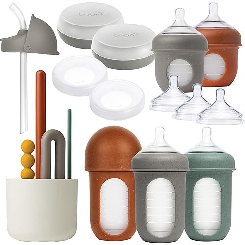 Boon Nursh Baby Bottle Gift Set - Baby Feeding Essentials for New Moms - Includes 4 Oz and 8 Oz Baby Bottles, Storage Lids, Fast Flow Nipples, Storage Buns, Straw Lid, and Mod Baby Bottle Brush Set