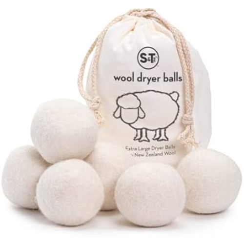 S&T INC. XL New Zealand Wool Dryer Balls, Fabric Softener for Laundry, Natural White, 2.9 in, 6 Pack