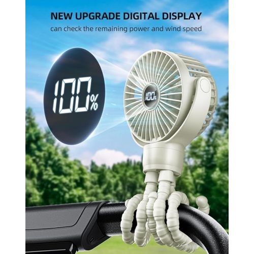 Portable Stroller Fan, Mini Baby Fan Battery Operated, LED Display with 3 Speeds, Small Clip on Fan Desk Fans USB Rechargeable, Personal Handheld fan Fan for Travel Outdoor, Children Gifts - Beige