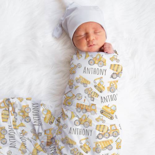 Personalized Construction Trucks Swaddle, Custom Boy Dump Truck Tractor Excavator Name Blanket, New Mom Gift, Newborn Gift, Baby Shower Gift