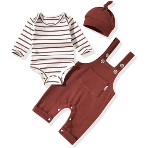 Unutiylo Baby Boy Outfits Long Sleeve Romper Suspenders Overall Pants Set Fall Winter Clothes With Hat