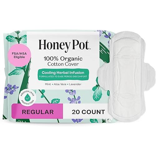 The Honey Pot Company - Herbal Sanitary Pads for Women - Regular Flow w/Wings - Infused w/Essential Oils for Cooling Effect & Organic Cotton Cover - Feminine Care - FSA & HSA - 20 ct