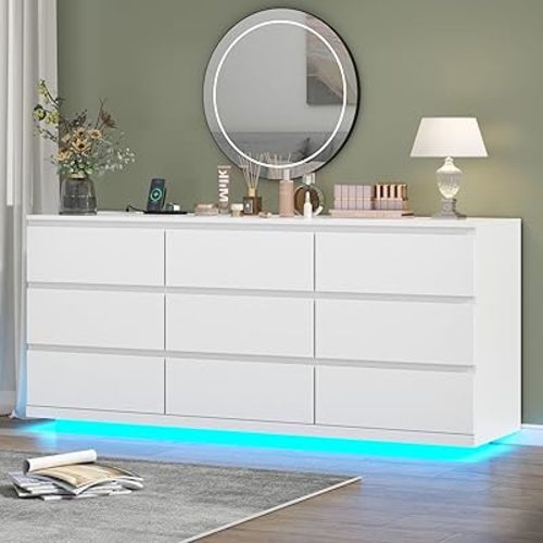 9 Drawer Dresser with Power Outlet, Floating White Dresser Chest of Drawer with LED Light,Modern Double Wide Drawer Organizer Cabinet for Bedroom,Living Room (9 Drawer-White)
