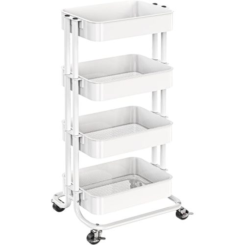 Pipishell 4 Tier Metal Rolling Utility Cart, Heavy-Duty Storage Rolling Cart with 2 Lockable Wheels, Multifunctional Mesh Organization Utility Cart for Kitchen Dining Room Living Room, PIUC13W