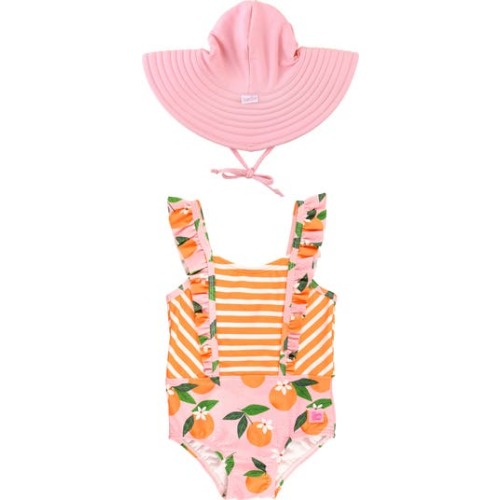 Orange Pinafore One-Piece Swimsuit & Hat Set, 6-12 M