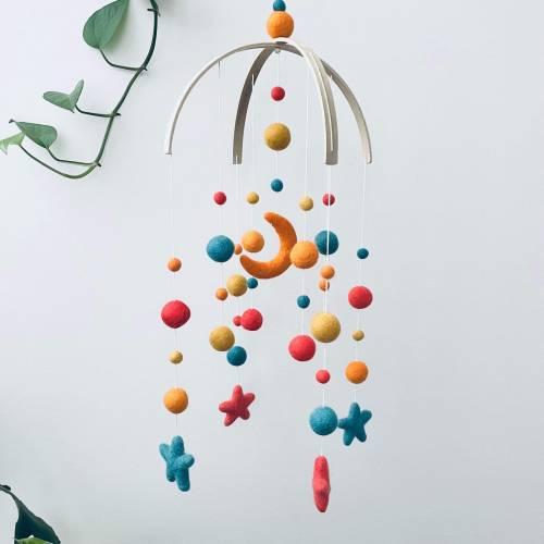 Felt baby mobile | Felt moon & stars | new baby nursery decor | crib mobile | baby shower gift | mustard, red, orange + teal