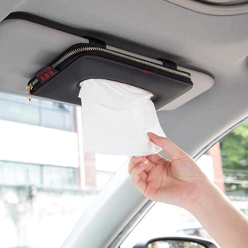 Car Tissue Holder, Sun Visor Tissue Holder, Car Visor Napkin Holder, PU Leather Backseat Tissue Case Holder for Car Vehicle with Zipper (Black)