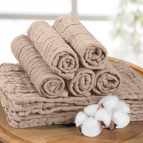 Yoofoss Muslin Burp Cloths for Baby 10 Pack 100% Cotton Baby Washcloths for Boys Girls Large 20''X10'' Super Soft and Absorbent Brown