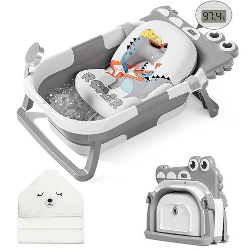 MoreFeel Collapsible Baby Bathtub for Newborn with Thermometer & 1 Hooded Towel & 1 Soft Floating Cushion,Portable Travel Bathtub with Drain Hole, Durable Foldable Baby Tubs for Infants to Toddler