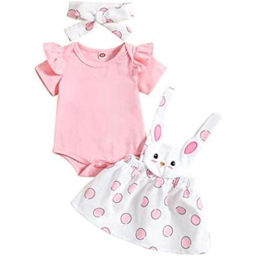 Newborn Baby Girl Easter Outfit Solid Long Sleeve Romper Top 3D Bunny Suspender Skirt Rabbit Dress Headband Clothes