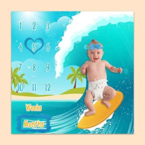 Baby Monthly Milestone Blanket, Sea Surfboard Waves, Newborns 1 to 12 Months Unisex Include 4 Frames and 1 Headband 47"x47"BTLSPH495