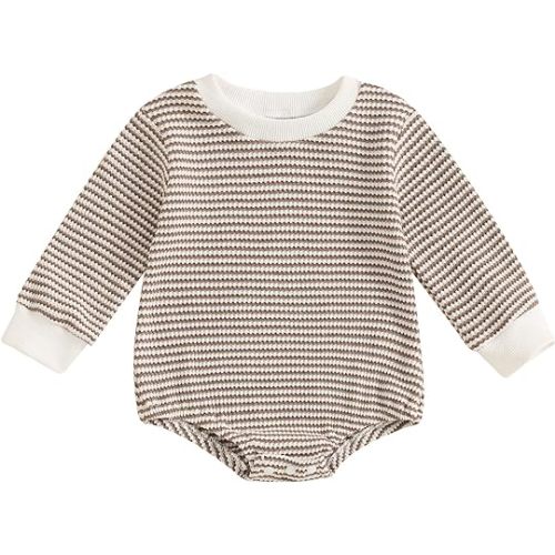 Newborn Baby Boy Girl Long Sleeve Romper Waffle Striped Bubble Oversized Sweatshirt Bodysuit Infant Fall Outfits