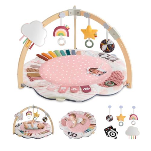 Blissful Diary Baby Play Gym & Activity Mat, 5 Developmental Zones Wooden Tummy Time Mat with 5 Detachable Sensory Toys for Motor Skills & Sensory Development, Baby Essentials Shower Gift, Pink Flower