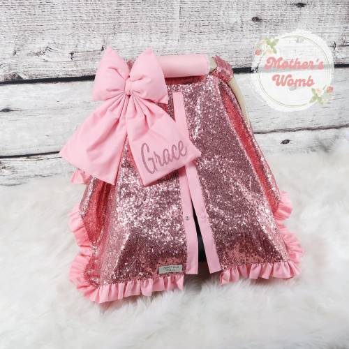 Baby Car Seat Cover - Solid Baby Pink w/ Pink Glitz Sparkle - Personalized Baby Shower Gift - Baby Girl Car Seat Canopy - Baby Bow