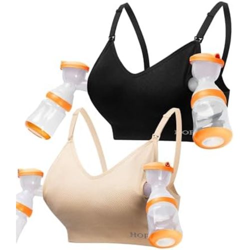 HOFISH 2-in-1 Hands-Free Pumping Nursing Bra, Supportive All-Day Wear Breastfeeding Bra for Moms, Black & Beige 2 Pack M