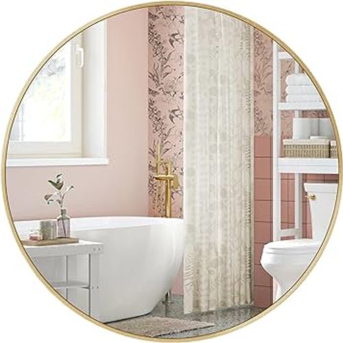 SONGMICS Round Mirror, Gold Bathroom Circle Mirror for Wall, 24 Inches, Metal Frame, Easy to Install, for Entryway, Living Room, Bedroom, Hallway, Ink Metallic Gold ULWM102A01