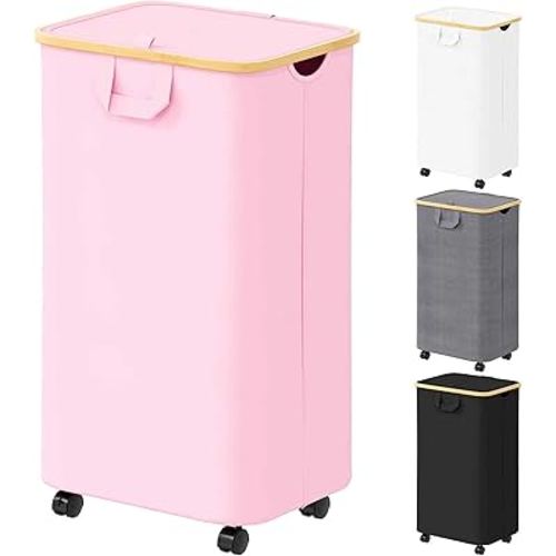 SpaceAid Laundry Hamper with Wheels and Lid, 29 Gal (110L) Rolling Clothes Basket with Bamboo Handle, Large Laundry Hamper for Bedroom, Bathroom, Dorm, Laundry Room - Pink