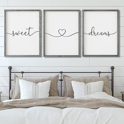 Set of 3 Framed Farmhouse Sweet Dreams Sign 11x14” Above Bed Wall Decor for Bedroom Decor Wall Art Wood Signs (11"x14", Gray)