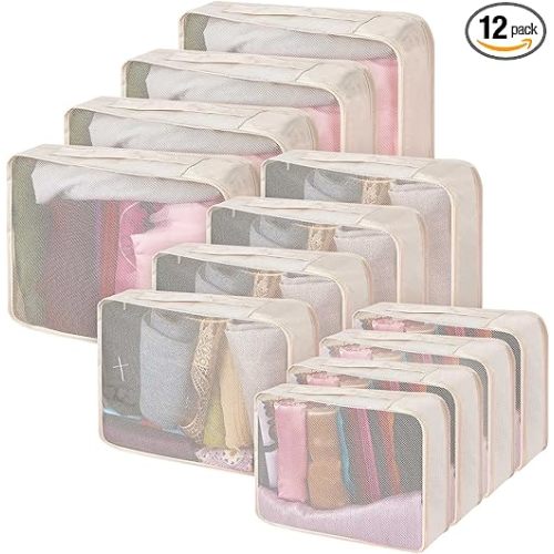 Silkfly 12 Pcs Packing Cubes for Suitcase Travel Luggage Bags Bulk Mesh Organizer Set for Hiking Camping Backpacking Clothes Accessories(Light Khaki, XL, L, M Size)