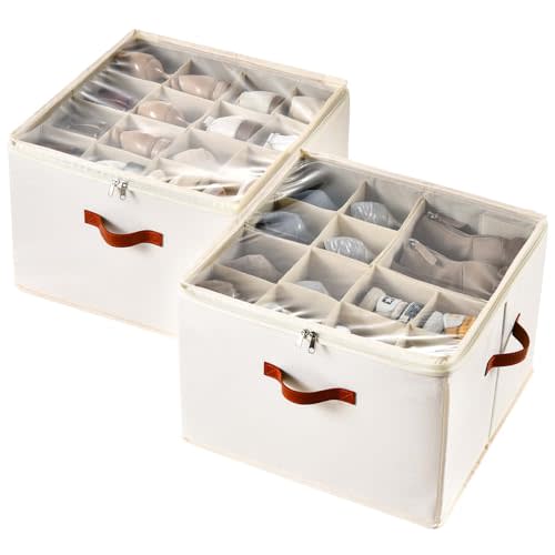 INSTY Shoe Organizer for Closet, 2 Pack Foldable Shoe Storage Containers, Fits up to 16-32 Pairs, Adjustable Dividers for Shoe Organizer, Fabric Shoe Storage Bins with Clear Cover, Beige