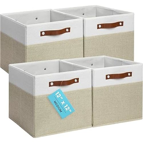 OrganiHaus 12" x 12" x 12" Fabric Storage Bins - Set of 4, Cube Canvas Organizer Bins with Vegan Handles, Kallax Storage Cubes, 12 Inch Cubic Baskets for Shelves - Beige/White