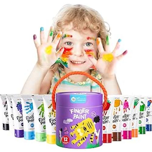 Jar Melo Safe Finger Paints for Toddlers, Non Toxic Finger Painting Set Washable, Art Painting Supplies Easter Gift for Baby, Kids Age 2 3 4 5 6+, 12 Assorted Colors (2.1 fl.oz)