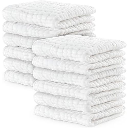 Comfy Cubs Muslin Baby Washcloths 10 Pack - Soft 6-Layer Cotton Wash Cloths for Sensitive Skin - 25 x 25 cm Large, Gentle, Absorbent Infant Essentials for Newborn and Toddlers - White
