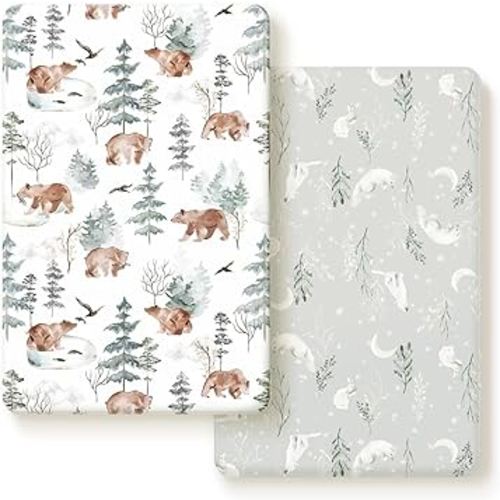 Stretchy Ultra Soft Jersey Knit Fitted Pack and Play Sheets Set 2 Pack, Portable/Mini Crib Sheets Safe and Snug Fitted for Boys and Girls, Cute Bear and Wolf Pattern