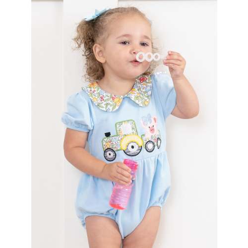 Light Blue Embroidered Piggy Tractor Bubble - Restocked!