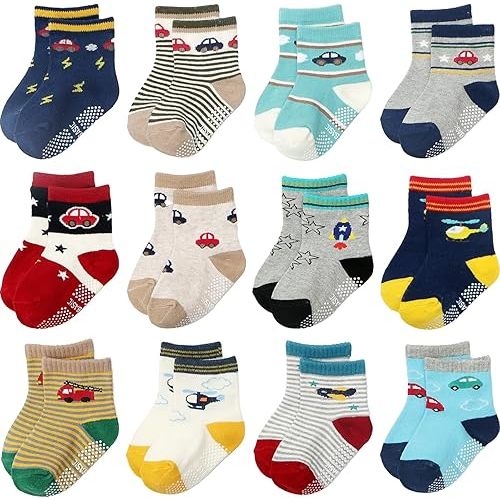Non Slip Grip Ankle Baby Socks 12 Pack for Toddler Boys and Girls Kids,Infant Cute Cotton Baby Socks 6-12 M