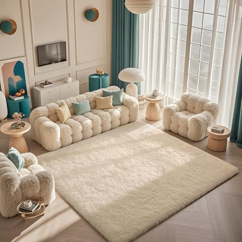 Ophanie 5x8 Area Rug, Upgrade Non-Slip Fluffy Soft Living Room Rugs, Shag Large Fuzzy Plush Carpets for Bedroom Ivory, Shaggy Kids Boys Girls Dorm Nursery Home Decor Aesthetic