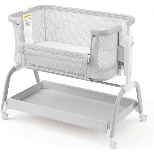 3 in 1 Baby Bassinet,Rocking Bassinets Bedside Sleeper with 6 Adjustable Heights,Breathable Full-Mesh,Comfortable Mattress & Lockable Wheels,Stable Rolling Portable Crib for Newborns(Gray) | Breathable Full Mesh, V-Shaped Structure