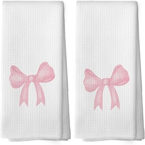 Coquette Pink Bow Girls Gifts Kitchen Towels Set of 2, Valentine's Pink Bow Ribbon Hand Towels for Bathroom Decorative Tea Towels Dish Towels, Coquette Girly Bathroom Decor, 16x24 Inch