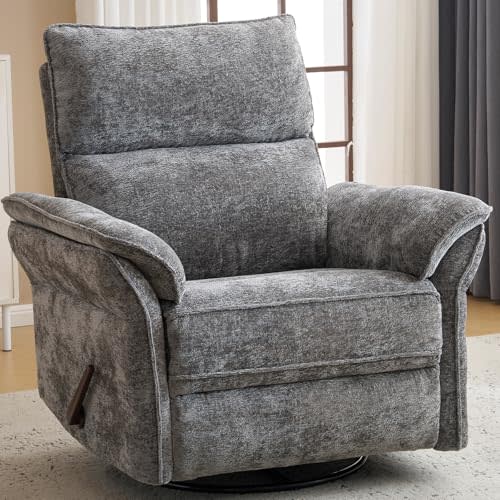 Oversized Rocking Chair Nursery with Adjustable Headrest, 26" Extra Wide Glider Recliner Nursery Chair for Nursery, 360° Swivel Rocker Recliner with Overstuffed Armrest, Dark Grey
