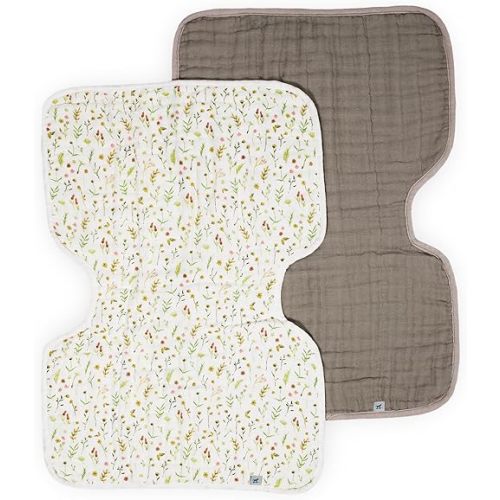 Little Unicorn 100% Certified Natural Organic Cotton Burp Cloth 2 Pack | Ultra-Absorbent & Soft Muslin Fabric | Larger Size & Ergonomic Design (Floral Field + Driftwood)