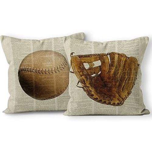 Vintage Baseball Baseball Glove Linen Throw Pillow Case, 18 x 18 Inch Set of 2, Baseball Decor, Gift for Baseball Lover, Baseball Player Gift, Gift Dad, Son, Husband, Cushion Cover for Sofa Couch Bed