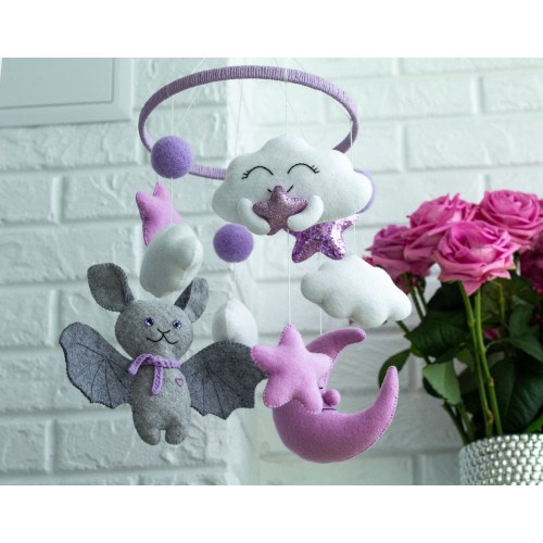 Bat baby mobile, Bat nursery mobile, Baby Crib Mobile, Moon and Stars Mobile, Halloween baby mobile, lavender crib mobile, nursery decor