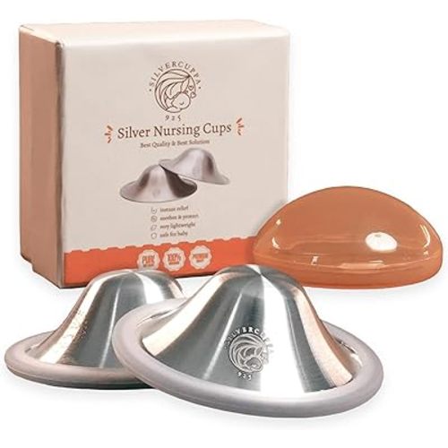 925 Silver Nipple Cups for Breastfeeding with Silicone Rings - Newborn Silver Nipple Shields, Postpartum Essentials & Nipple Covers for Nursing Mothers - X-Large