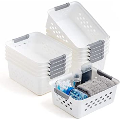 IRIS USA Plastic Storage Basket, 12-Pack, Small, Shelf Basket Organizer for Pantries, Kitchens, Cabinets and Bedrooms, White