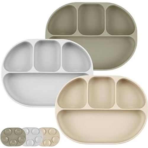 PandaEar 3 Pack Toddler Plates, Silicone Sectioned Suction Plate for Babies Toddler, BPA-Free 100% Food-Grade Silicone Non-Slip Baby Plate, Baby Led Weaning Supplies (Tan/Grey/Brown)