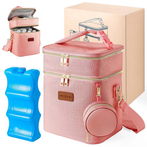 DERSTUEWE Breastmilk Cooler Bag with Ice pack – Leakproof Insulated Lunch Tote for Moms , 2-Layer Travel Baby Bottle Bag, Pink