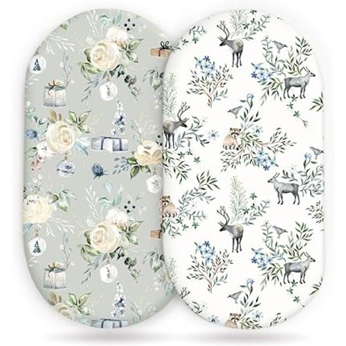 Stretchy Bassinet Mattress Sheets, Ultra Soft Bassinet Sheet 2 Pack, Universal Fitted for Oval Hourglass Rectangular Bassinet Mattress Pad Safe and Snug, Stylish Print Baby Sheets
