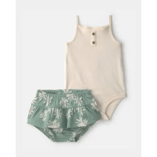 Baby Girl 2-Piece Floral Top & Skort Set ~ Ivory & Green