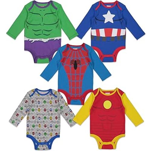 Marvel Avengers 5 Pack Long Sleeve Bodysuits - Hulk Spiderman Iron Man Captain America