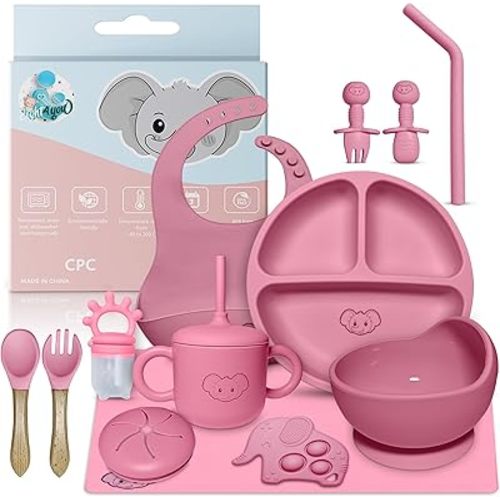 Silicone Baby Feeding Set - Durable & Resistant Baby Feeding Set, Dishwasher Safe, Oven & Microwave Safe, food grade silicone material (pink)