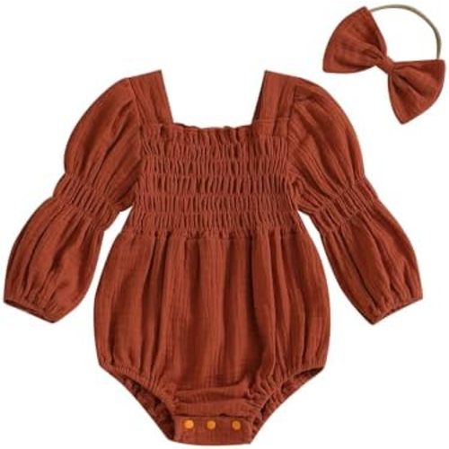 Smocked Baby Girl Clothes Newborn Girl Bubble Romper Long Sleeve Jumpsuit And Headband Outfit Cute Infant Clothing